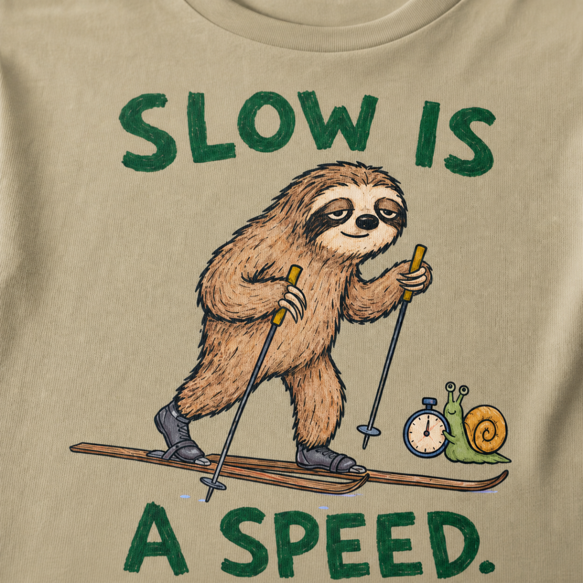 Close-up of a khaki t-shirt featuring a relaxed sloth cross-country skiing beside a snail with a stopwatch and “Slow Is a Speed.” text.