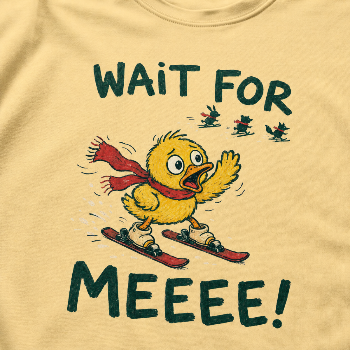 Close-up of a butter yellow t-shirt showing a worried duck skier calling after three distant animals, with bold “Wait for Meeee!” text.
