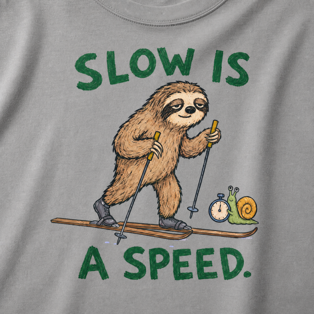 Close-up of a grey t-shirt featuring a relaxed sloth cross-country skiing beside a snail with a stopwatch and “Slow Is a Speed.” text.