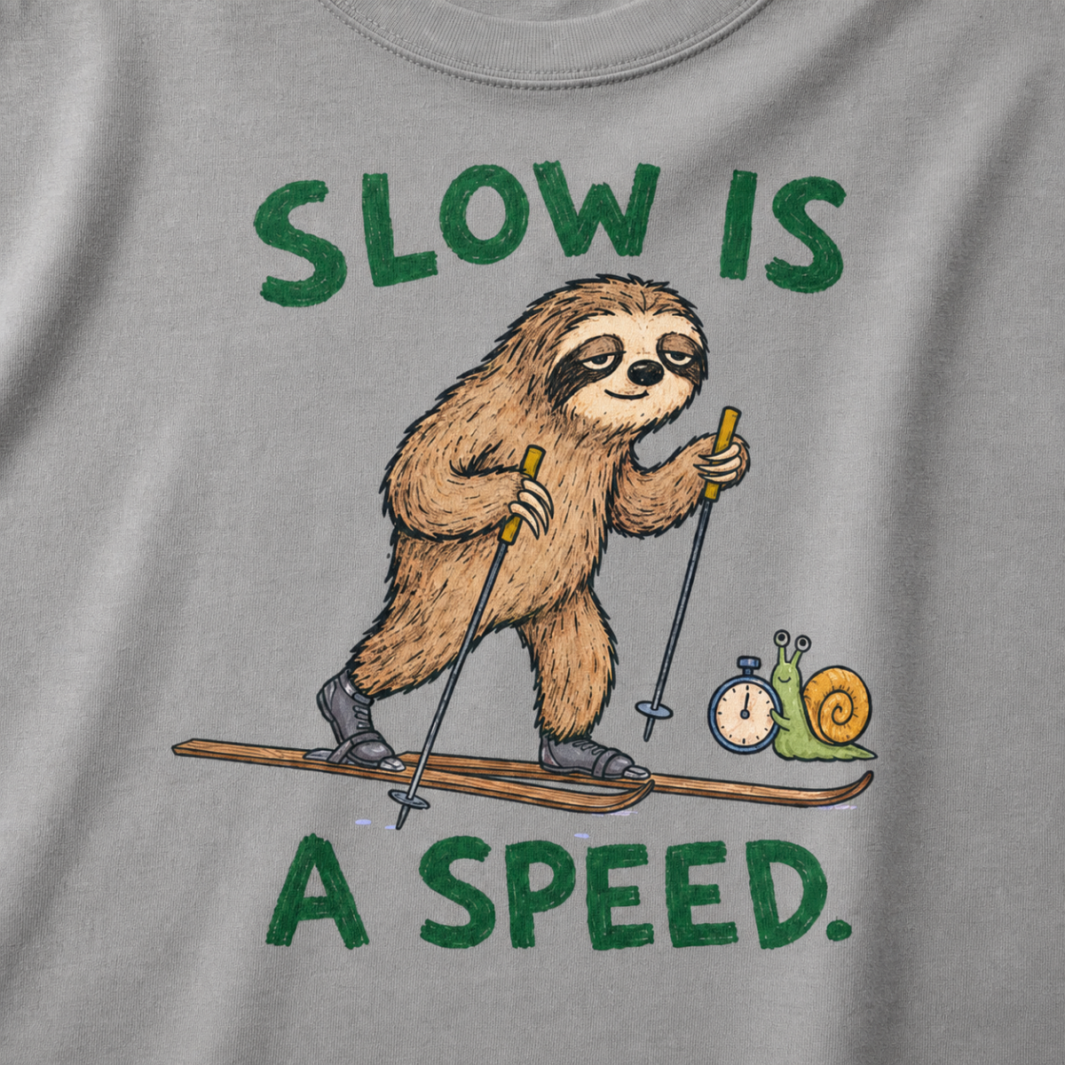 Close-up of a grey t-shirt featuring a relaxed sloth cross-country skiing beside a snail with a stopwatch and “Slow Is a Speed.” text.