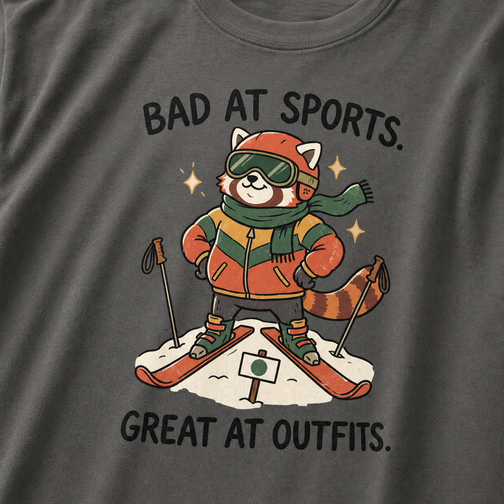 Close-up of a pepper gray t-shirt featuring a stylish red panda skier posing in coordinated winter gear with “Bad at Sports. Great at Outfits.” text.