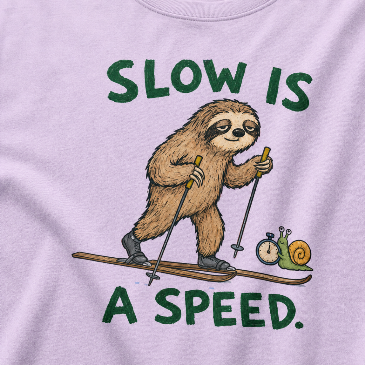 Close-up of an orchid t-shirt featuring a relaxed sloth cross-country skiing beside a snail with a stopwatch and “Slow Is a Speed.” text.