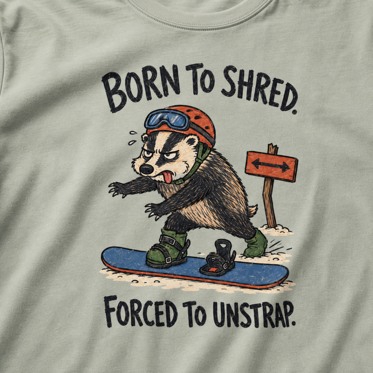 Close-up of a bay green t-shirt showing a tired badger unstrapping from a snowboard near a direction sign, with “Born to Shred. Forced to Unstrap.” text.