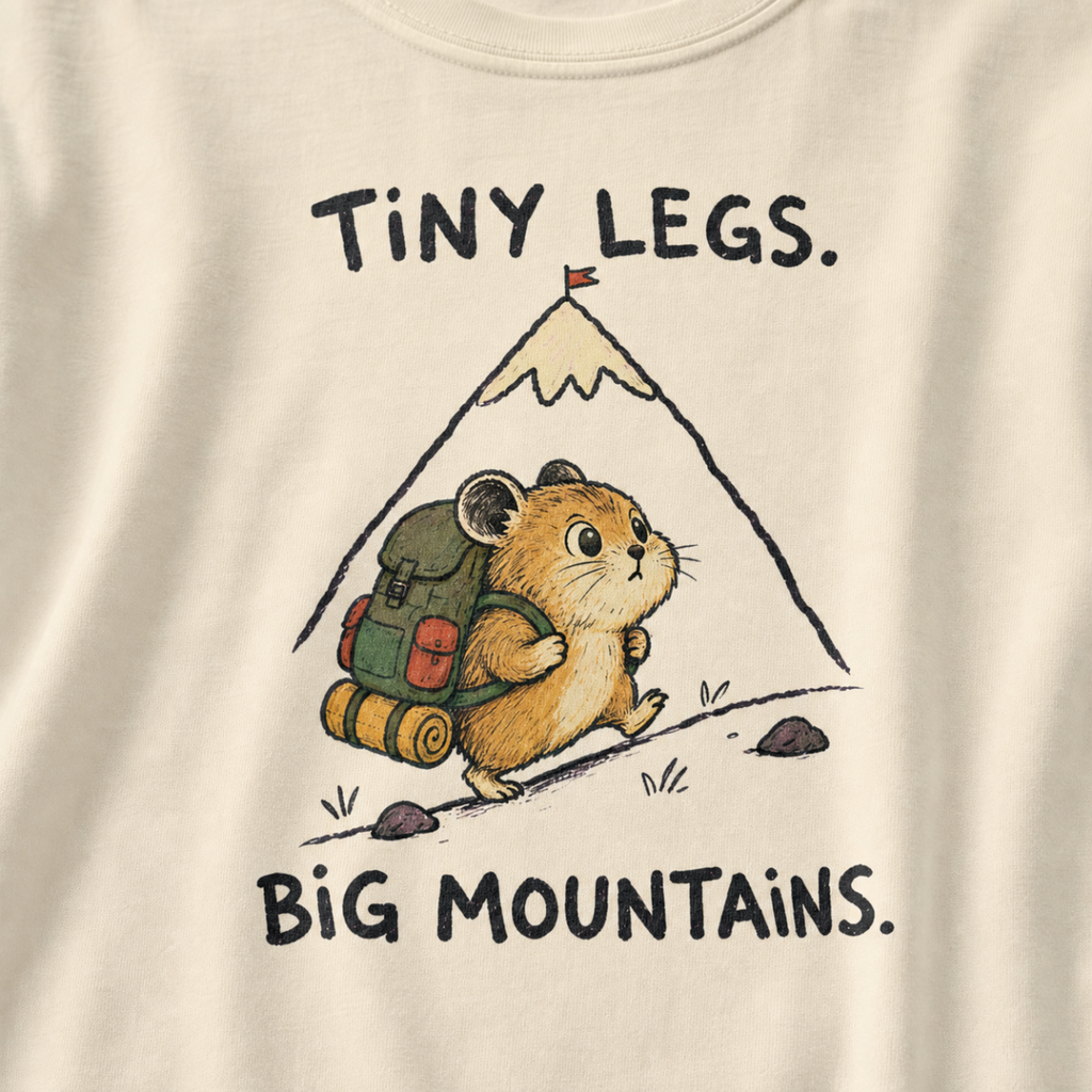 Close-up of an ivory white t-shirt featuring a determined hamster hiking uphill with a large backpack beneath “Tiny Legs. Big Mountains.” text.