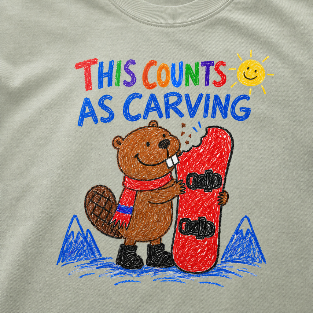 Close-up of a bay green t-shirt featuring a childlike crayon-style beaver biting a red snowboard, with colourful “This Counts as Carving” text.
