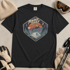 Black t-shirt featuring a distressed retro fox snowboarder jumping over a snowy mountain beneath “Powder Thief” lettering.