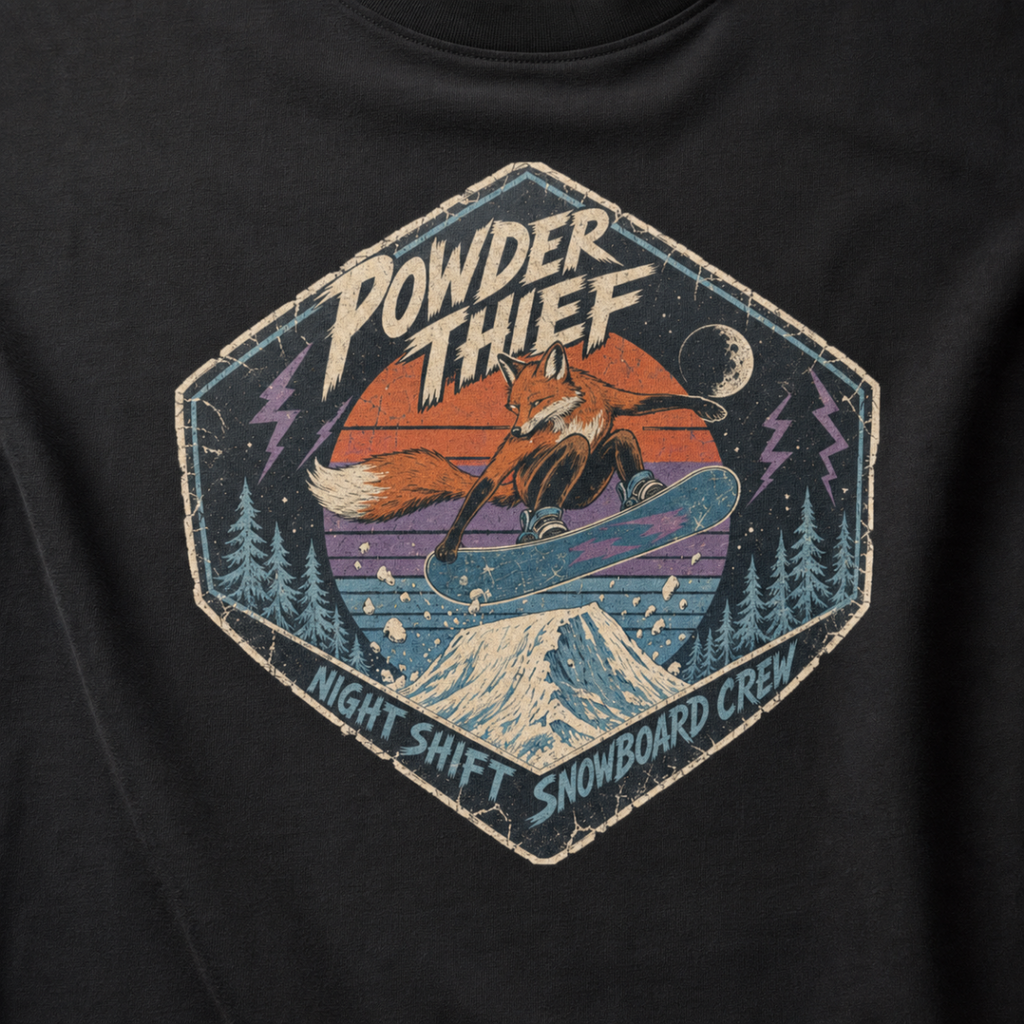 Close-up of a black t-shirt featuring a vintage fox snowboarding at night with “Powder Thief – Night Shift Snowboard Crew” text.