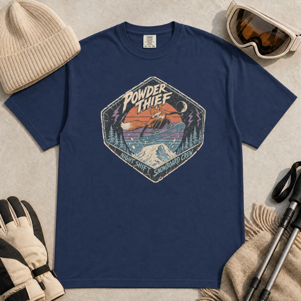Navy blue t-shirt featuring a distressed retro fox snowboarder jumping over a snowy mountain beneath “Powder Thief” lettering.