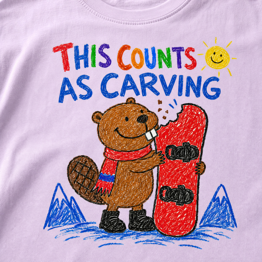 Close-up of an orchid t-shirt featuring a childlike crayon-style beaver biting a red snowboard, with colourful “This Counts as Carving” text.