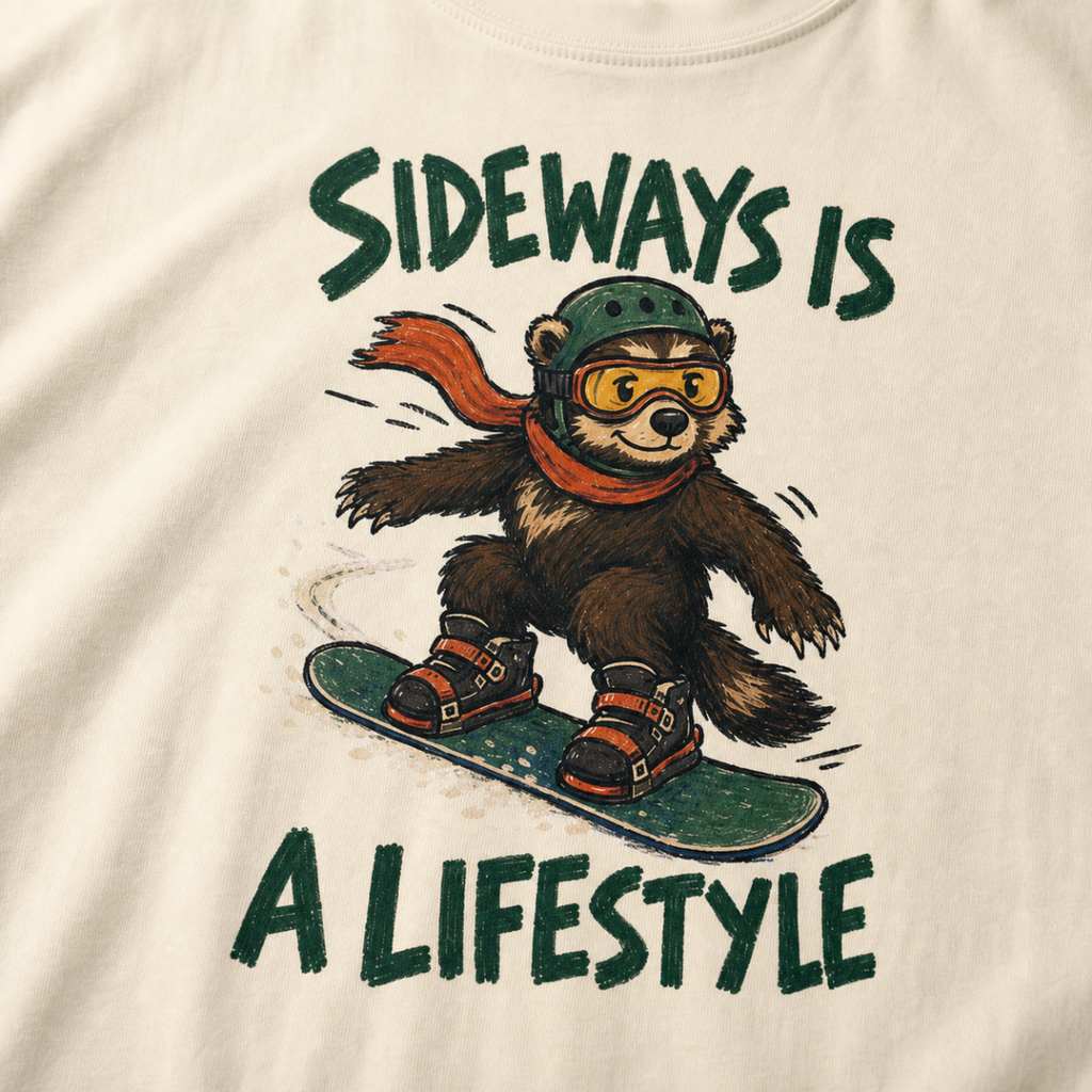 Close-up of an ivory white t-shirt featuring a wolverine snowboarding sideways in a helmet, goggles, and red scarf, with “Sideways Is a Lifestyle” text.