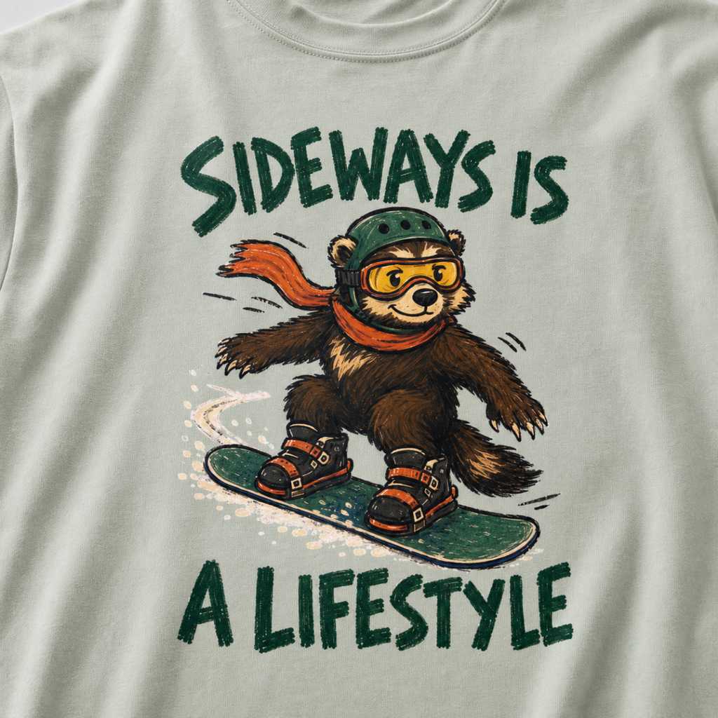 Close-up of a bay green t-shirt featuring a wolverine snowboarding sideways in a helmet, goggles, and red scarf, with “Sideways Is a Lifestyle” text.