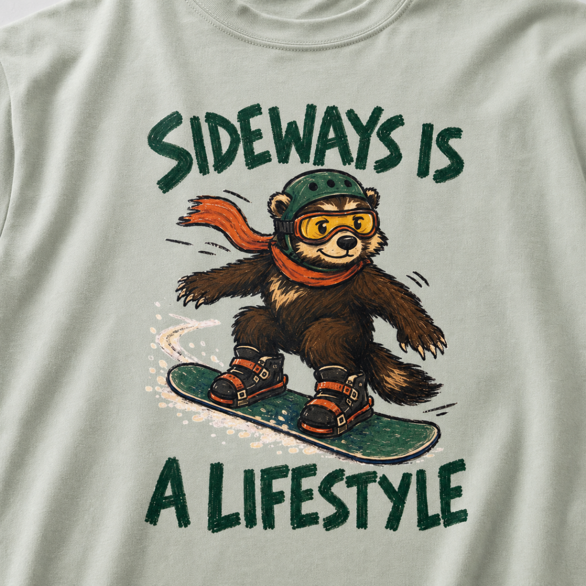 Close-up of a bay green t-shirt featuring a wolverine snowboarding sideways in a helmet, goggles, and red scarf, with “Sideways Is a Lifestyle” text.
