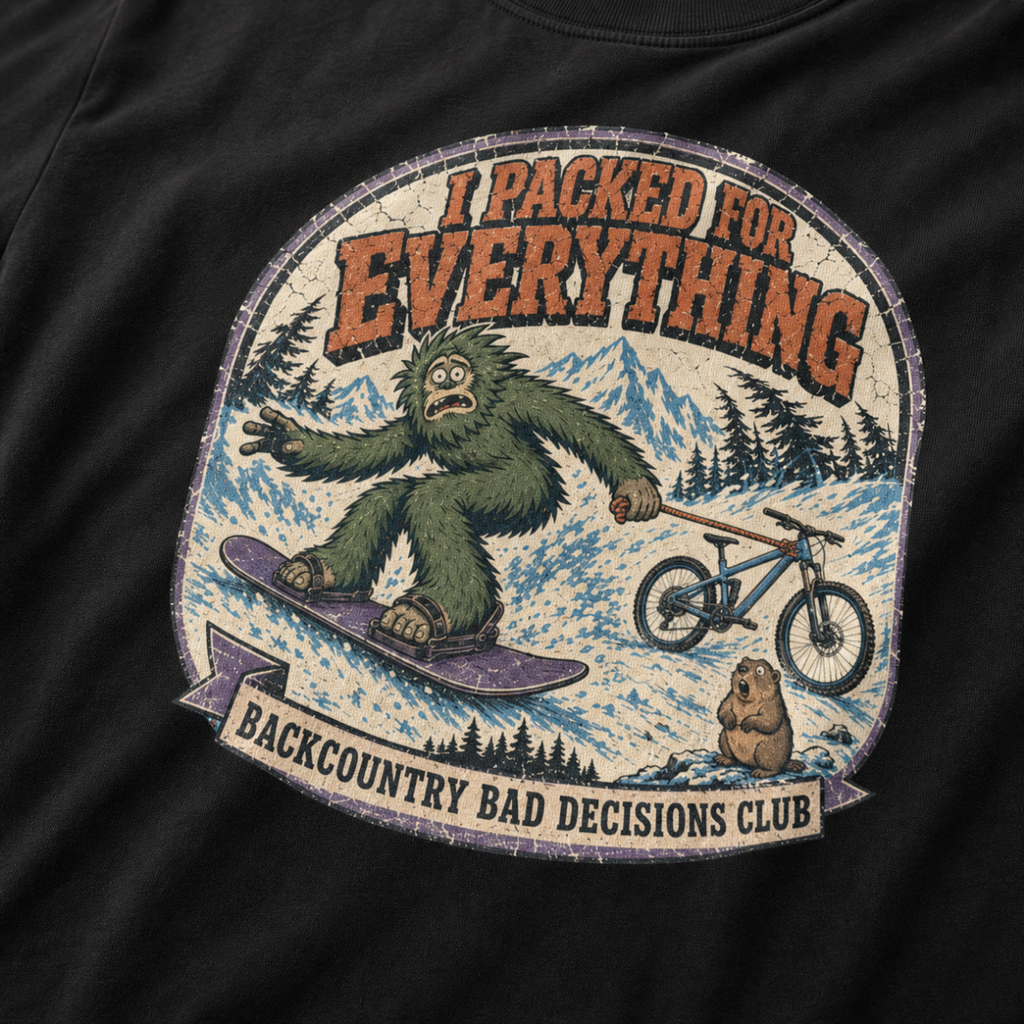 Close-up of a black t-shirt featuring a distressed Bigfoot snowboarding while towing a mountain bike, with “I Packed for Everything” and “Backcountry Bad Decisions Club” text.