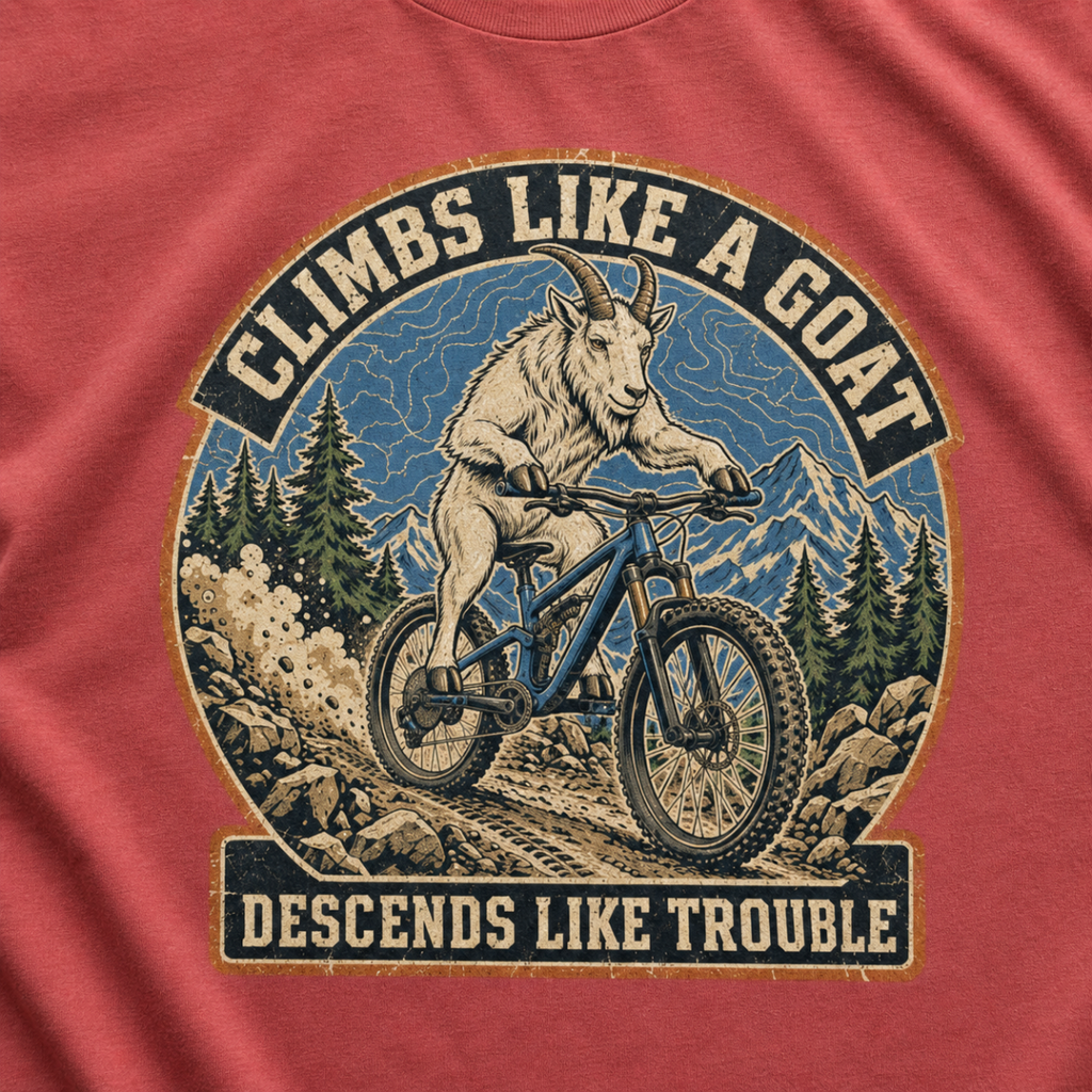 Close-up of a distressed mountain biking design featuring a goat descending a rocky trail with alpine peaks and “Climbs Like a Goat, Descends Like Trouble” lettering.