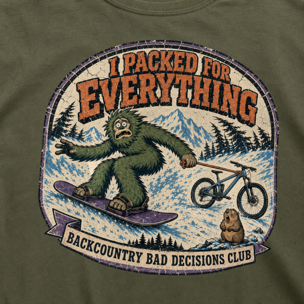 Close-up of a hemp green t-shirt featuring a distressed Bigfoot snowboarding while towing a mountain bike, with “I Packed for Everything” and “Backcountry Bad Decisions Club” text.