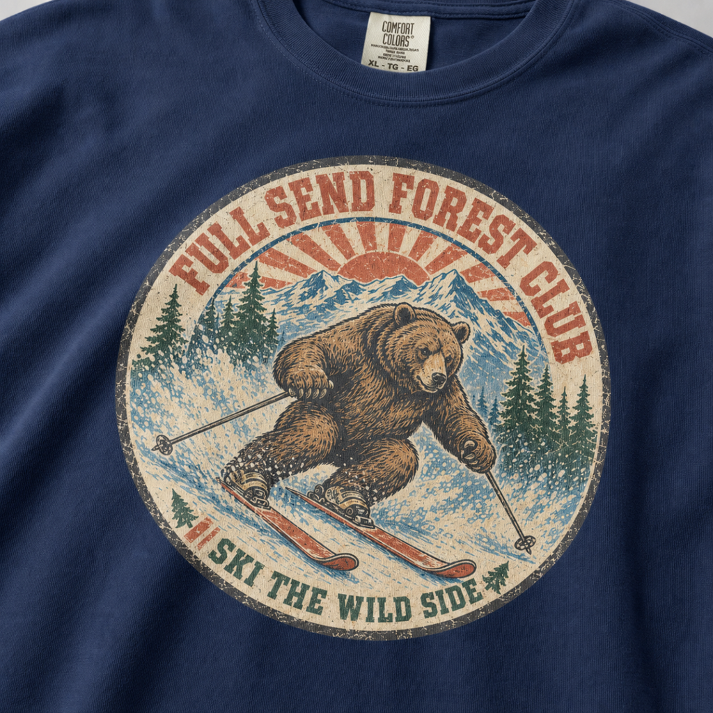 Close-up of a distressed vintage-style bear skiing through snowy mountains with “Full Send Forest Club” and “Ski the Wild Side” lettering.
