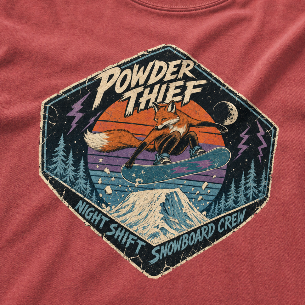 Close-up of a crimson red t-shirt featuring a vintage fox snowboarding at night with “Powder Thief – Night Shift Snowboard Crew” text.