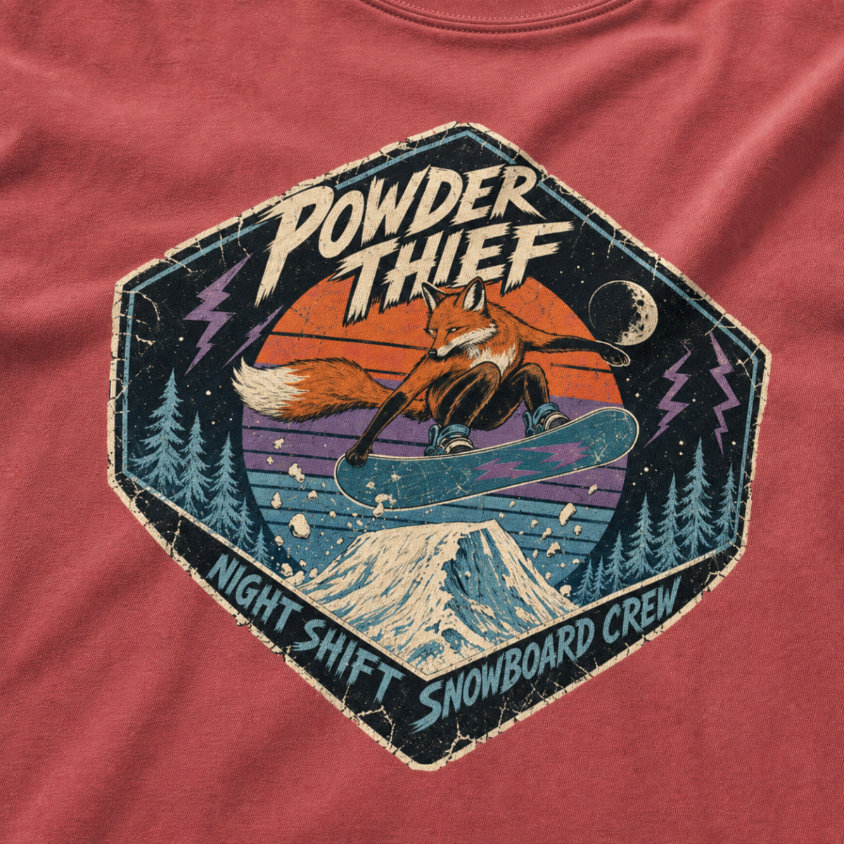 Close-up of a crimson red t-shirt featuring a vintage fox snowboarding at night with “Powder Thief – Night Shift Snowboard Crew” text.