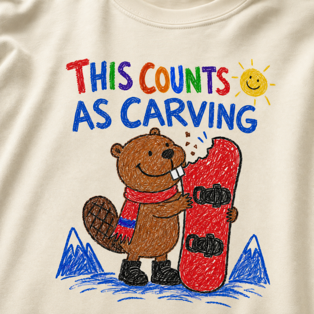 Close-up of an ivory white t-shirt featuring a childlike crayon-style beaver biting a red snowboard, with colourful “This Counts as Carving” text.