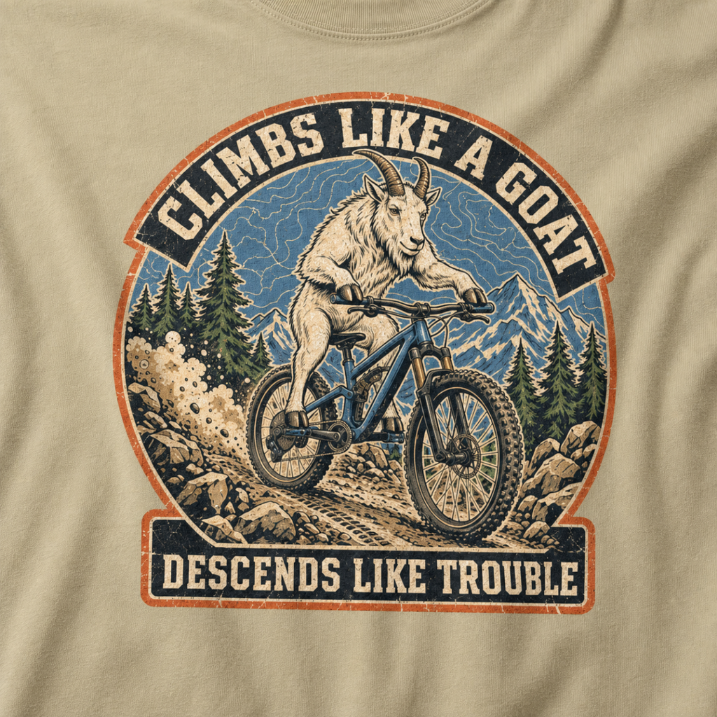 Close-up of a distressed mountain biking design featuring a goat descending a rocky trail with alpine peaks and “Climbs Like a Goat, Descends Like Trouble” lettering.