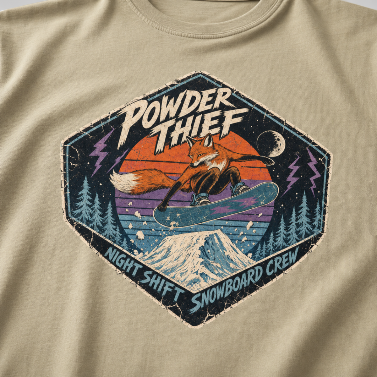 Close-up of a khaki t-shirt featuring a vintage fox snowboarding at night with “Powder Thief – Night Shift Snowboard Crew” text.