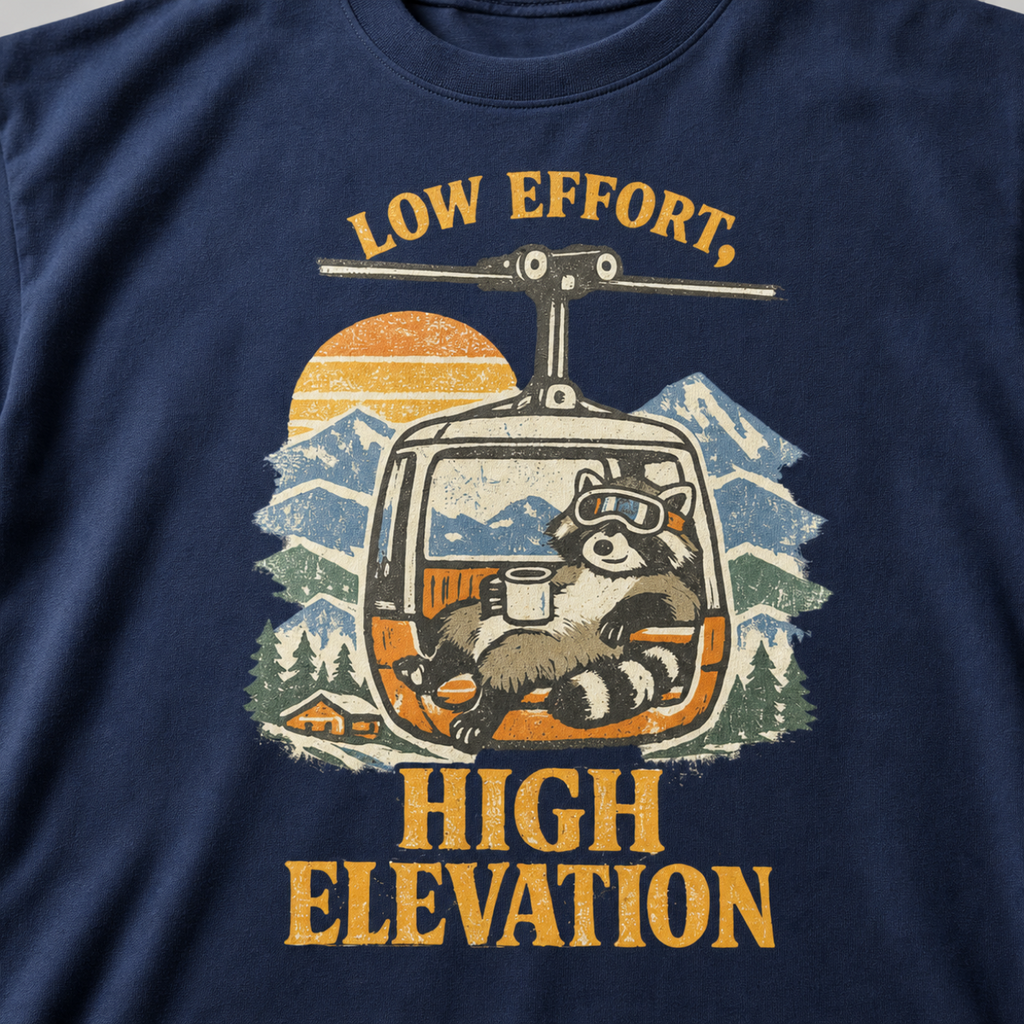 Close-up of a vintage raccoon gondola design with snowy mountains, a sunset and the words “Low Effort, High Elevation.”