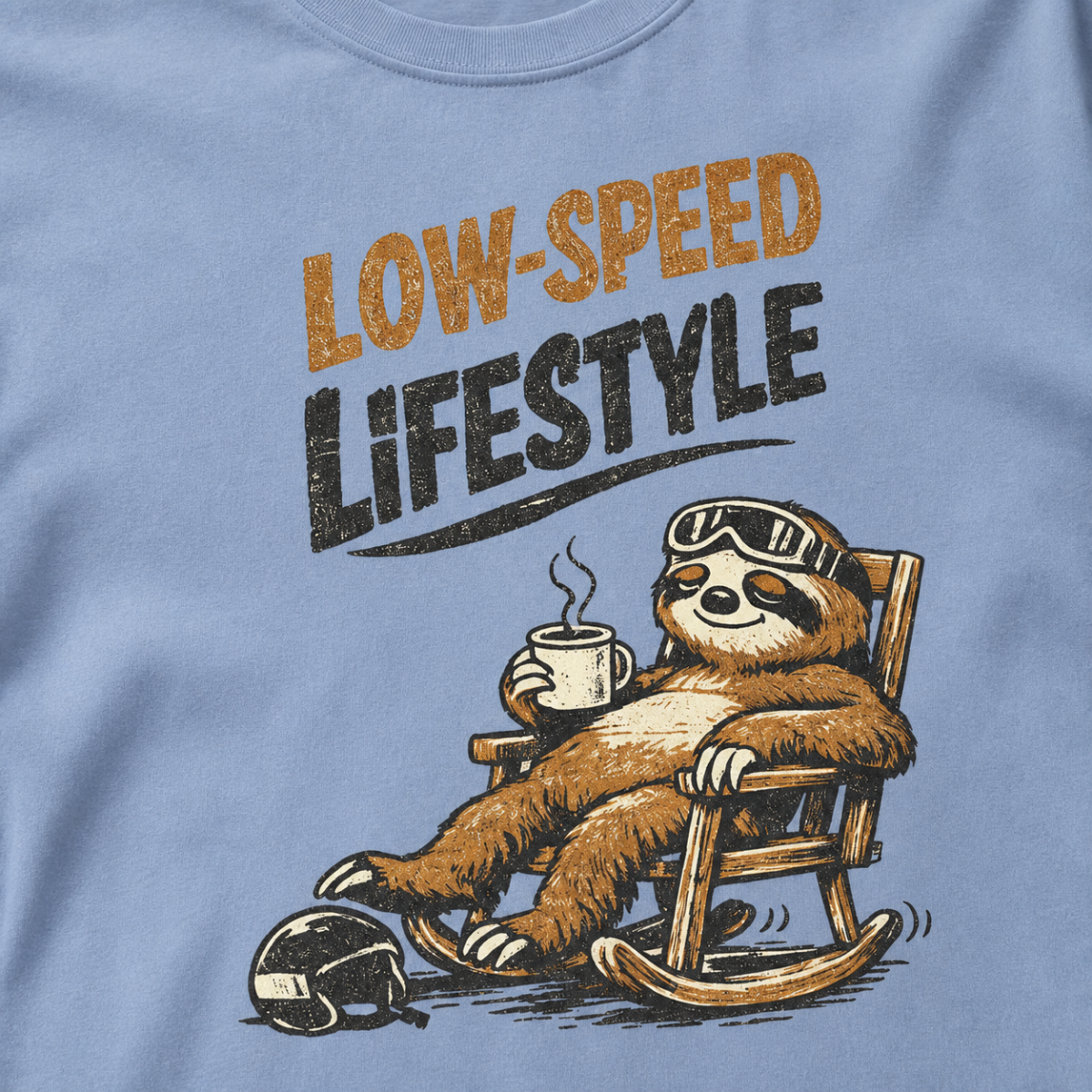 Close-up of a sloth relaxing in a rocking chair with a steaming mug and ski helmet beneath the words “Low-Speed Lifestyle.”