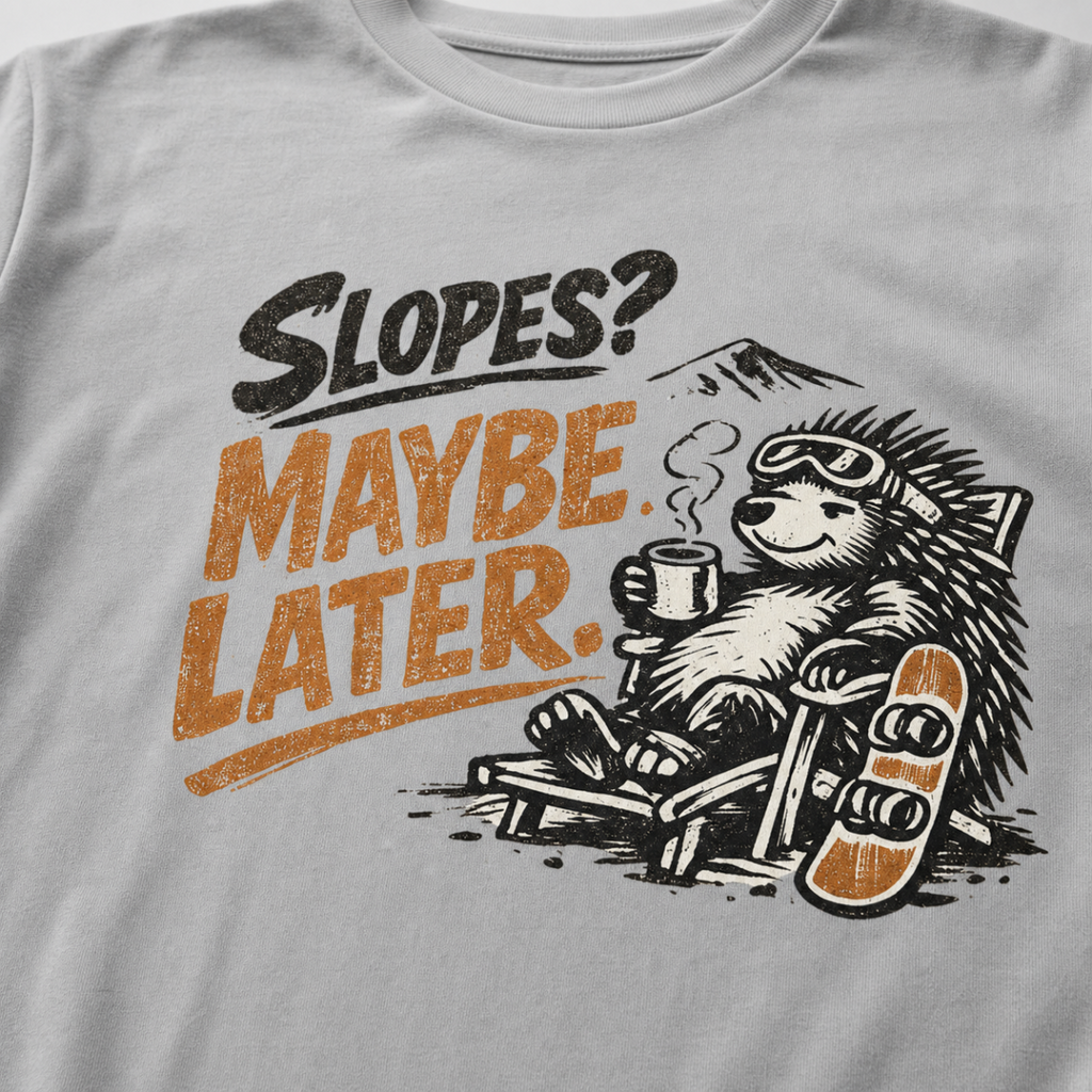 Close-up of a reclining hedgehog holding a hot drink beside a snowboard with “Slopes? Maybe Later.” lettering.