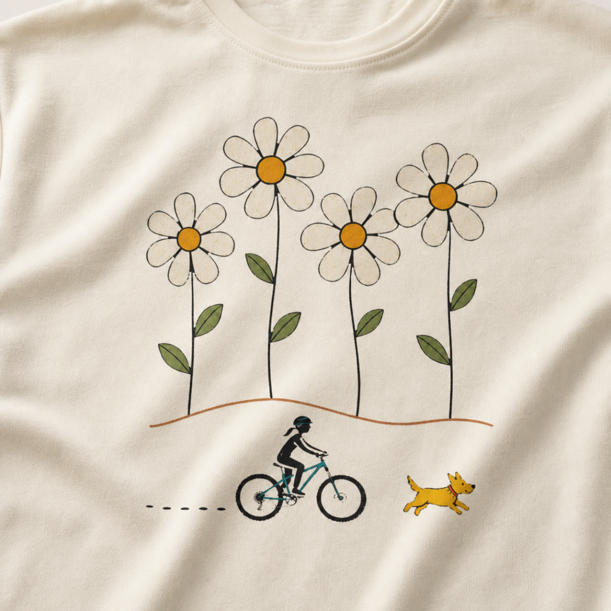 Close-up of a female mountain biker riding beside a yellow dog beneath four large hand-drawn daisies.