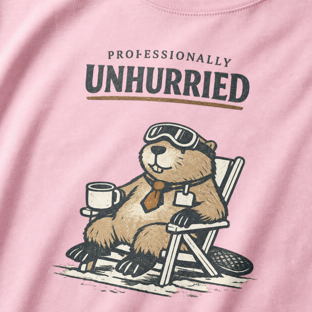 Close-up of a beaver relaxing in a folding chair with a mug, ski goggles and necktie beneath “Professionally Unhurried” text.