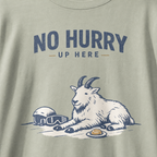 Close-up of a bay green t-shirt featuring a mountain goat resting in the snow beside a helmet, goggles and snack beneath the words “No Hurry Up Here.”
