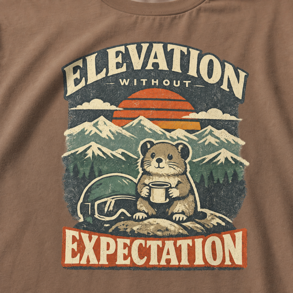 Close-up of an espresso brown t-shirt design featuring a small mountain rodent holding a mug beside ski goggles, with sunset peaks and the phrase “Elevation Without Expectation.”