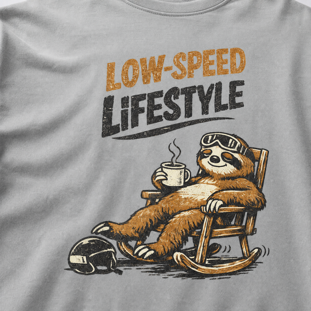 Close-up of a sloth relaxing in a rocking chair with a steaming mug and ski helmet beneath the words “Low-Speed Lifestyle.”