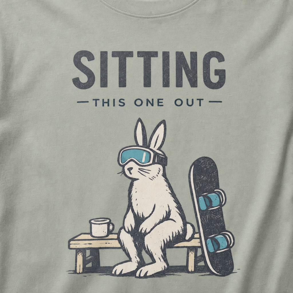Close-up of a rabbit in ski goggles sitting beside a mug and snowboard beneath “Sitting This One Out” lettering.
