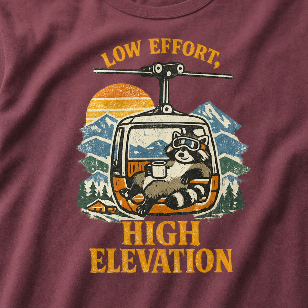 Close-up of a vintage raccoon gondola design with snowy mountains, a sunset and the words “Low Effort, High Elevation.”