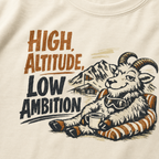 Close-up of a vintage mountain goat lounging on a striped cushion with a mug and snowy alpine scenery.