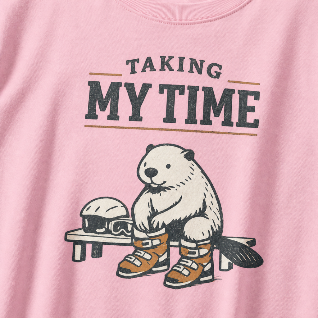 Close-up of a beaver preparing snowboard boots beside a helmet and goggles under “Taking My Time” lettering.