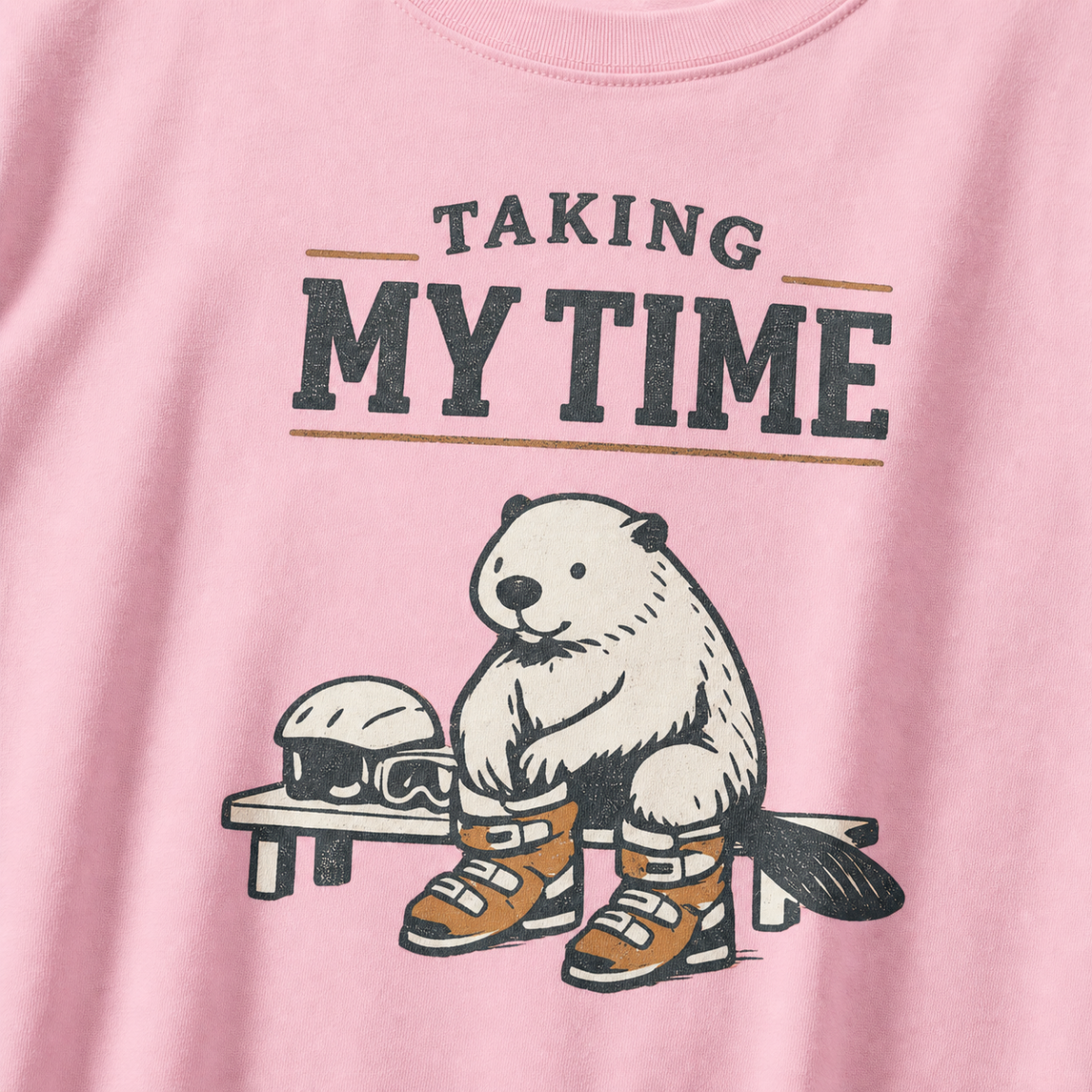Close-up of a beaver preparing snowboard boots beside a helmet and goggles under “Taking My Time” lettering.