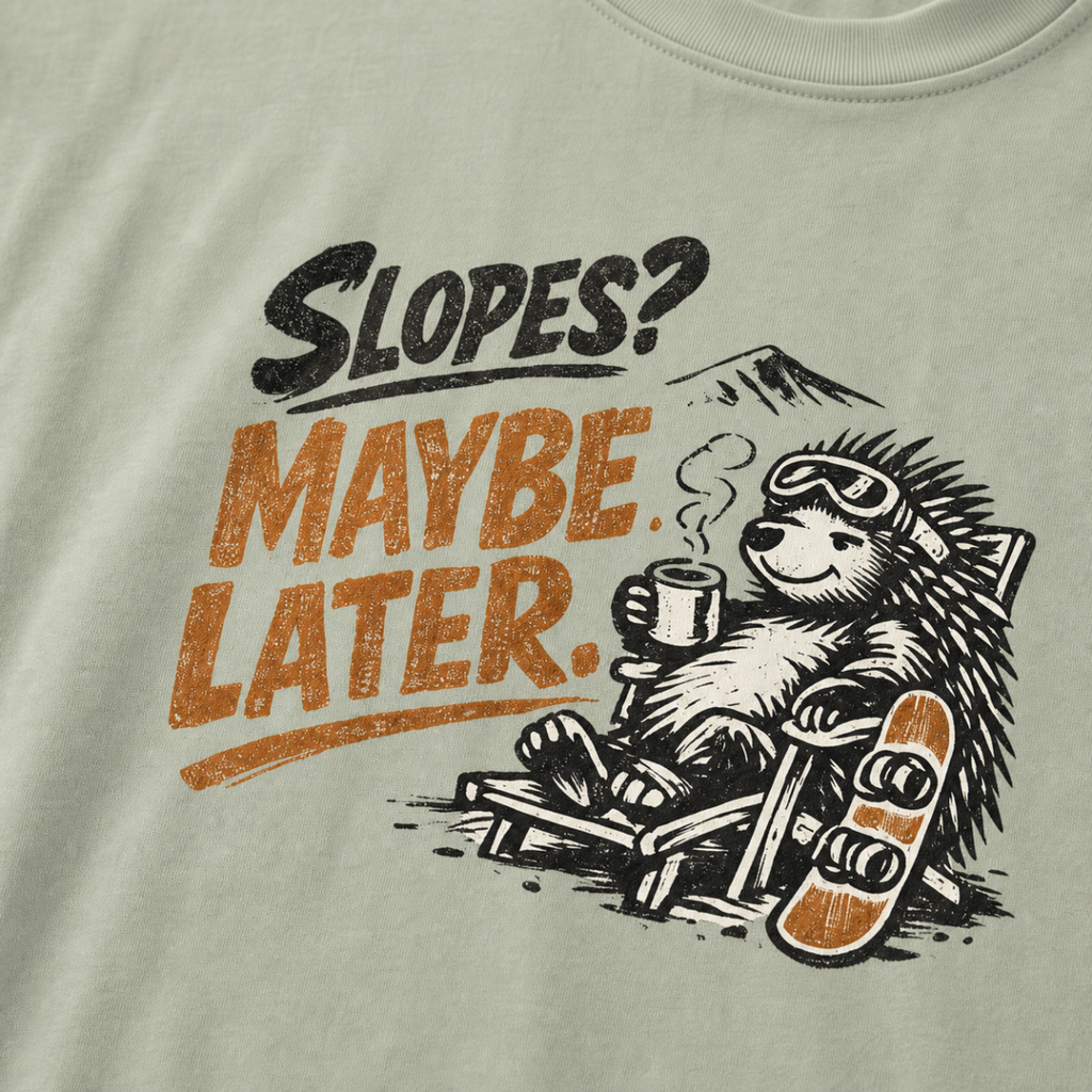 Close-up of a reclining hedgehog holding a hot drink beside a snowboard with “Slopes? Maybe Later.” lettering.