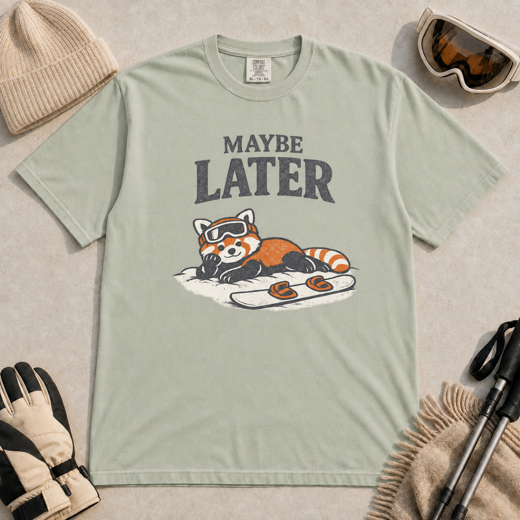 Bay green t-shirt featuring a relaxed red panda in ski goggles lying beside a snowboard beneath the words “Maybe Later.”