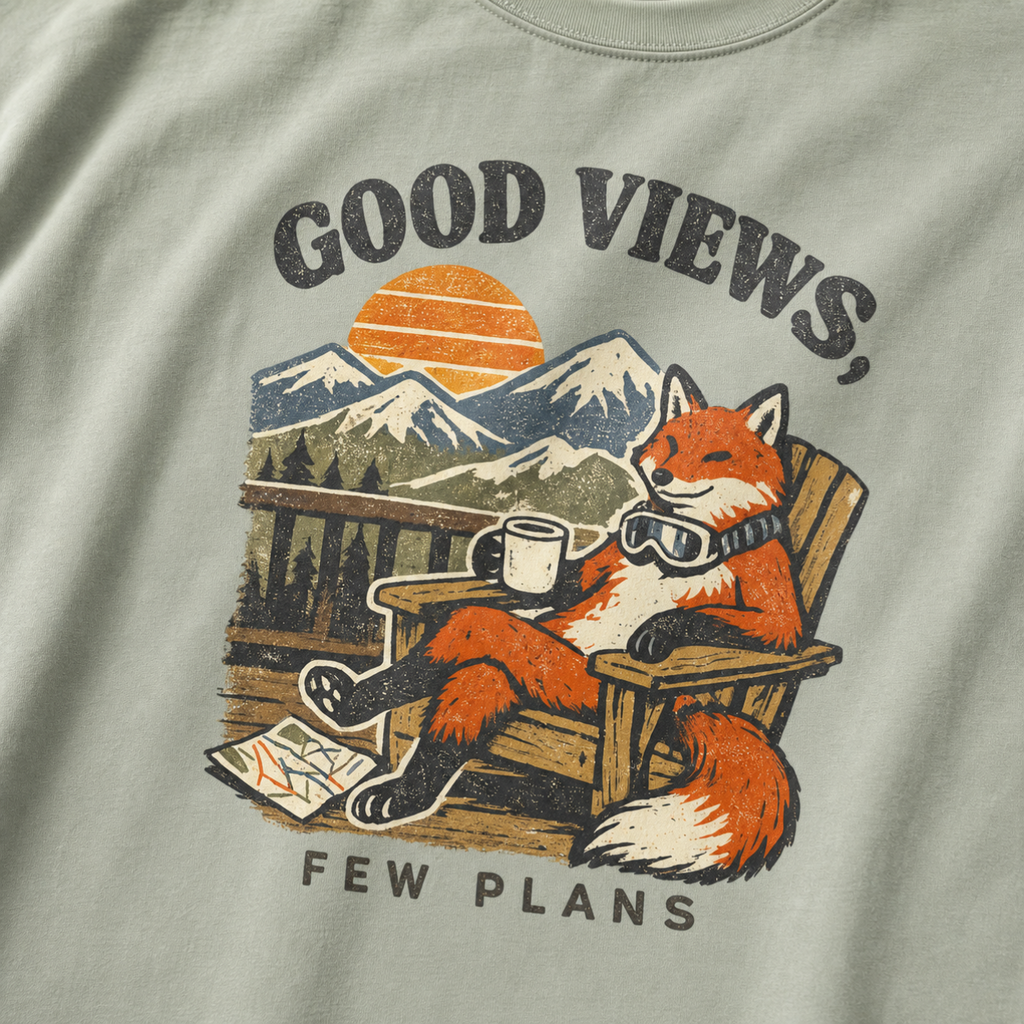 Close-up of a bay green t-shirt design showing a fox relaxing with a mug before mountain scenery and the phrase “Good Views, Few Plans.”
