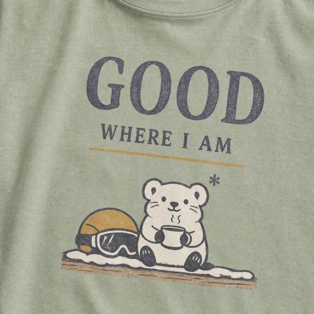 Close-up of a bay green t-shirt featuring a small white bear holding a warm drink beside ski goggles with the phrase “Good Where I Am.”