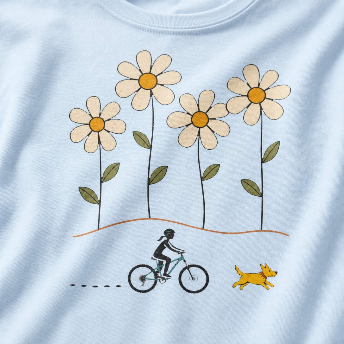 Close-up of a female mountain biker riding beside a yellow dog beneath four large hand-drawn daisies.