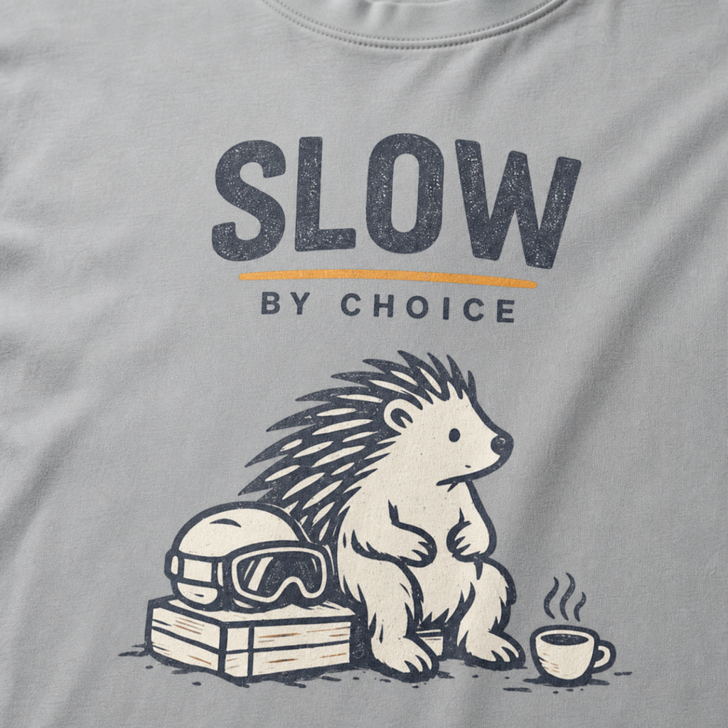 Close-up of a seated hedgehog resting beside ski goggles and a steaming mug under “Slow by Choice” lettering.