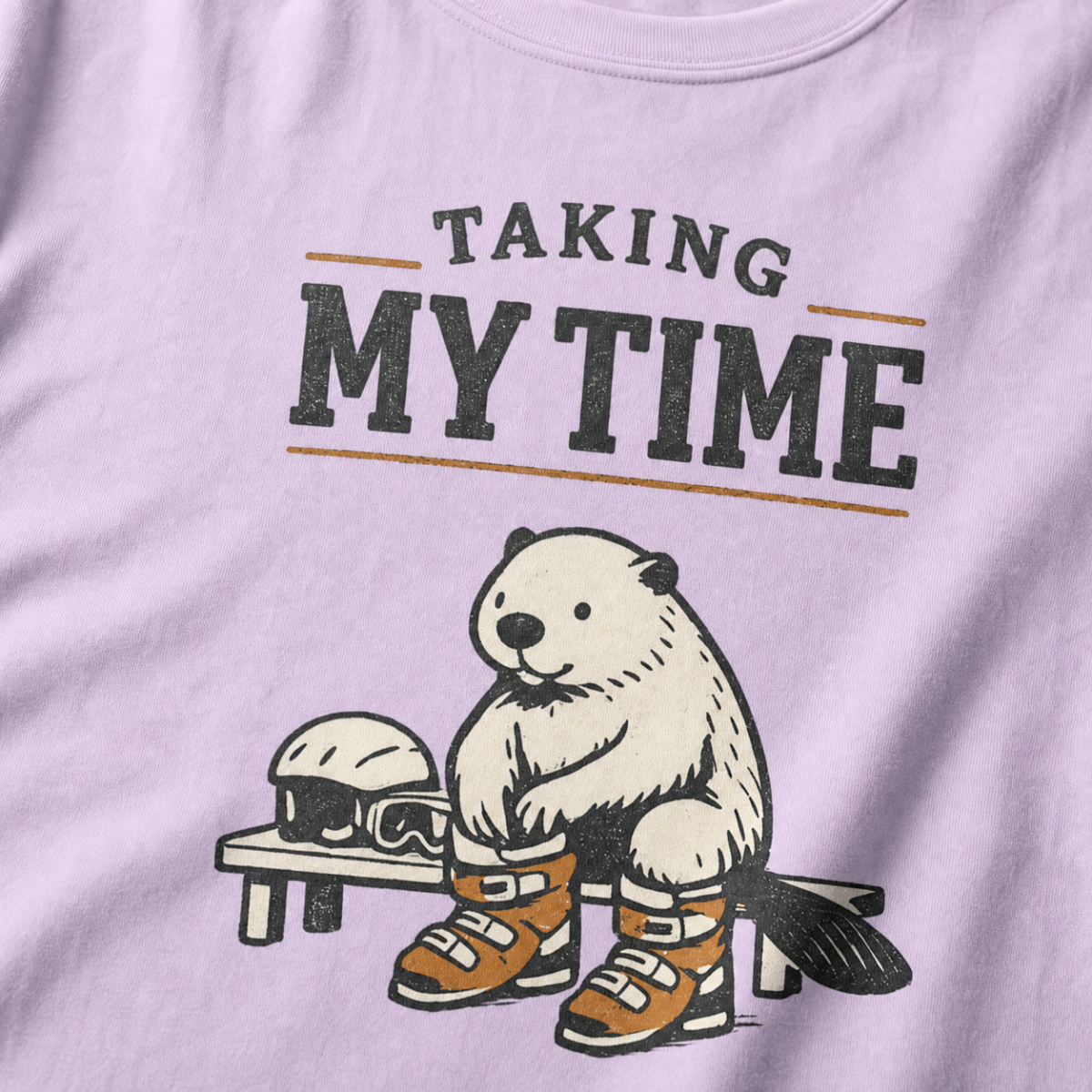 Close-up of a beaver preparing snowboard boots beside a helmet and goggles under “Taking My Time” lettering.