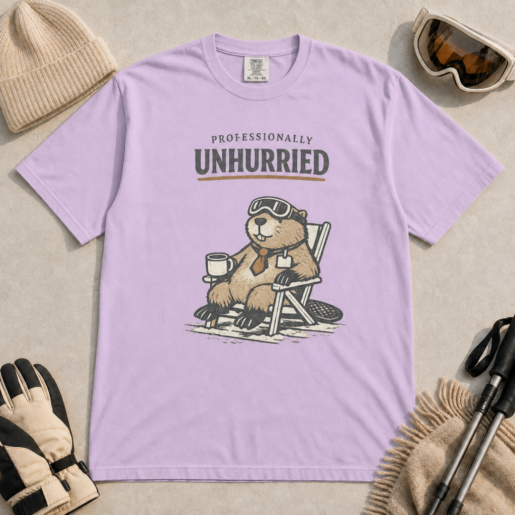 Orchid purple  t-shirt featuring a relaxed beaver in ski goggles and a necktie, seated with a mug beneath “Professionally Unhurried” lettering.