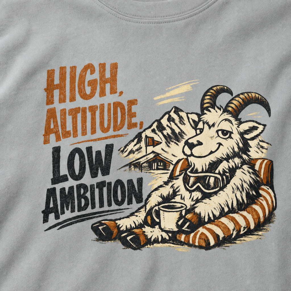 Close-up of a vintage mountain goat lounging on a striped cushion with a mug and snowy alpine scenery.