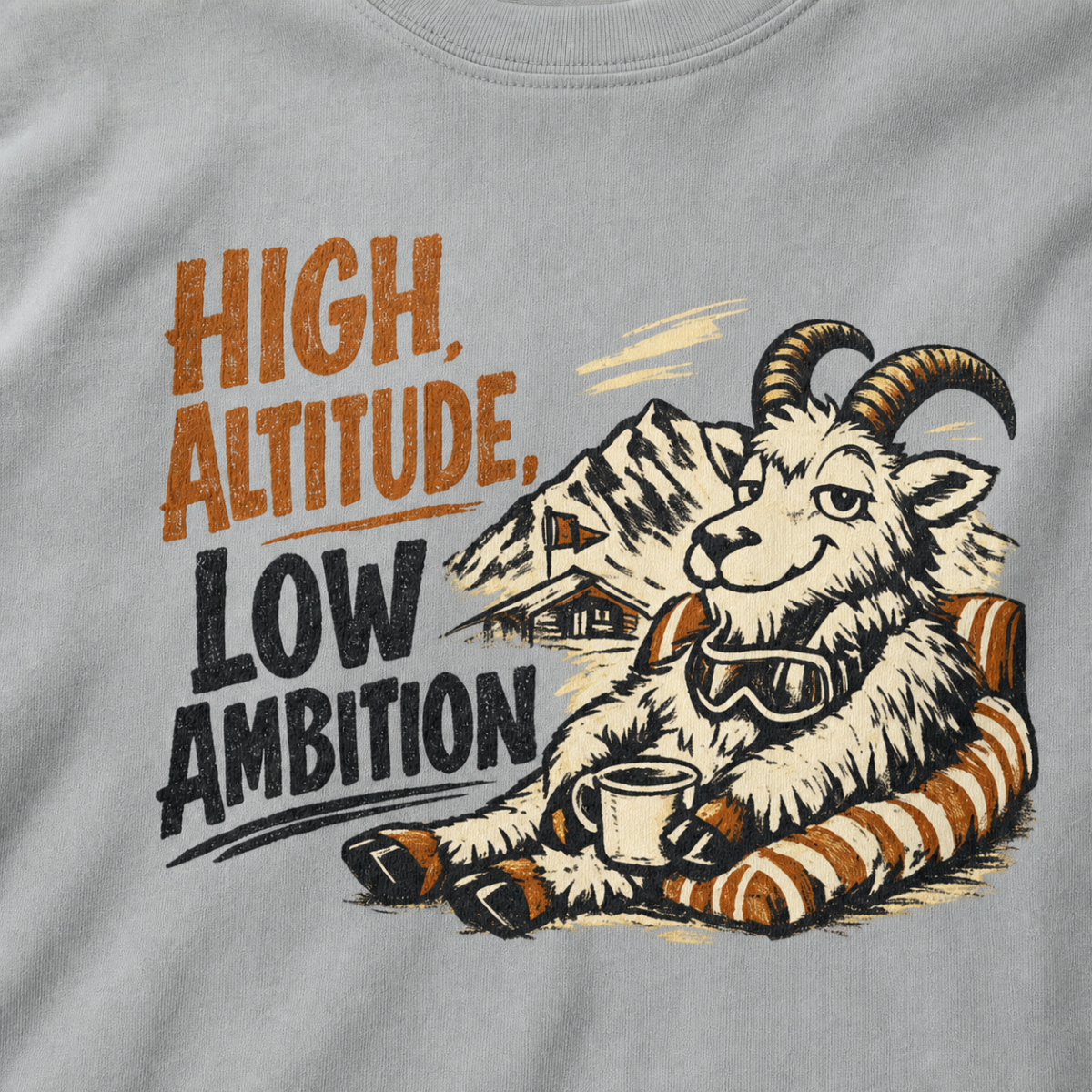 Close-up of a vintage mountain goat lounging on a striped cushion with a mug and snowy alpine scenery.