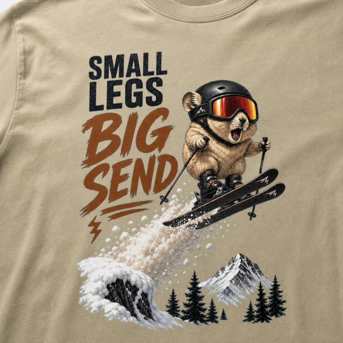Close-up of a pika performing an airborne ski jump above snowy mountains and trees with the phrase “Small Legs Big Send.”