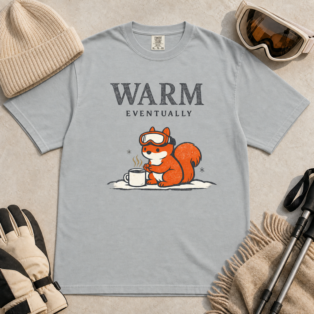 Granite gray t-shirt featuring a bundled-up squirrel warming its paws beside a steaming mug under “Warm Eventually” text.